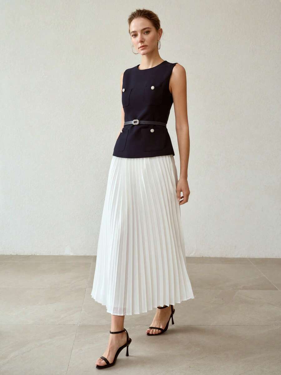MOTF PREMIUM FASHION RHINESTONE FAUX PEARLS PATCH POCKET SLEEVELESS BELTED TOP & PLEATED SKIRT SET - Navy Blue - View 1