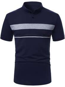 Manfinity Mode 男士Polo衫，经典服饰，立领休闲时尚 - 藏蓝色 - 查看 4