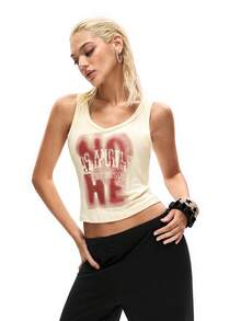 SHEIN Based On A Beige U-Neck Tank Top Paired With Pure Black Wide-Leg Pants, The Visual Highlight Is The Distressed Red-Brown Print On The Front Of The Tank Top, Which Creates A Retro American Vibe. The Wide-Leg Pants Feature An Elastic Waistband For A Relaxed, Flowing Silhouette. The Overall Look Is Loose And Carefree. - Multicolor - View 6