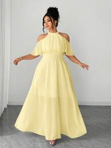 Elenzga Women's Plus Size Pale Yellow Plain Woven Fabric Halter Cold Shoulder Long A Line Elegant Prom Dress - Pale Yellow - View 5