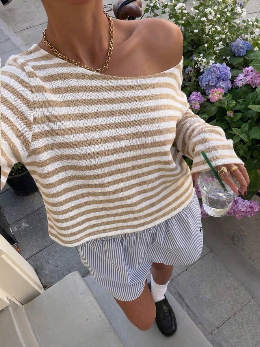 Muchica Women's Spring/Summer New Striped Loose Off-Shoulder Long Sleeve Cropped T-Shirt - Khaki - View 1