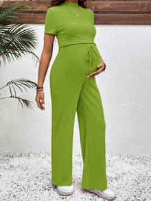 SHEIN Conjunto de 2 piezas de top de manga corta y pantalones de unicolor minimalista para maternidad - Mostaza Amarilla - View 5