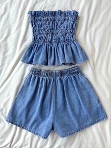 Soleia 女士度假休闲牛仔抹胸上衣和短裤套装 - 淺色水洗藍 - 查看 2