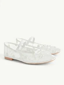 CUCCOO CHICEST 女鞋 时尚白色蕾丝花朵网纱刺绣蝴蝶结玛丽珍透气平底鞋 可爱甜美优雅女士平底鞋 女鞋 - 白色1 - 查看 2
