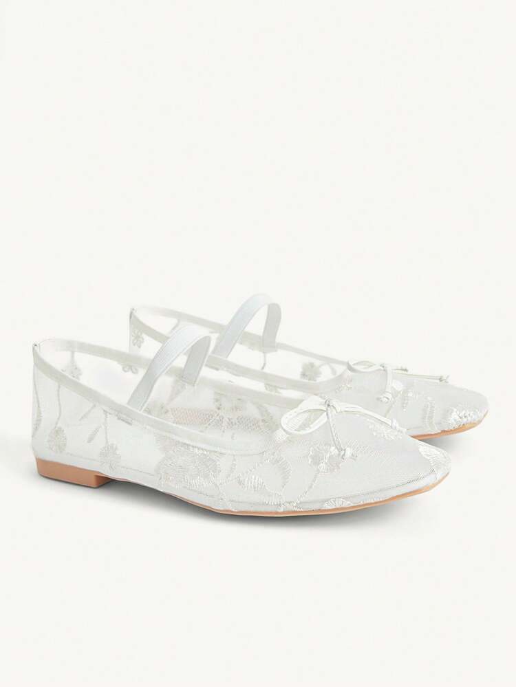 CUCCOO CHICEST Women Shoes Fashion White Lace Flower Mesh Embroidered Bow Mary Jane Breathable Flat Shoes Cute Sweet Elegant Women Flat Shoes Women's Shoes
