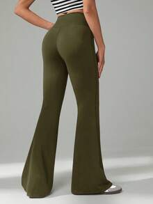 SHEIN Tall 女士纯色休闲高腰喇叭裤 - 軍綠色 - 查看 2