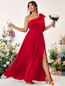 Cravure Gaun Pesta Koktail Tanpa Lengan dengan Tali Bahu Tipis, Ukuran Plus, Hiasan Pita, Bahan Satin Polos, Potongan A-Line, Belahan di Bagian Bawah, Gaun Pernikahan - Merah - View 1