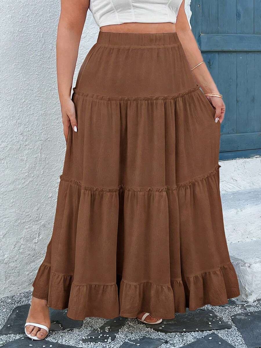 Vionelle Jupe ample pour femmes, élégante, de vacances, avec volants à l'ourlet, de couleur unie - Marron fonçé - Voir 1