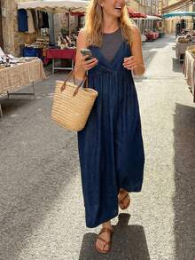 FRIFUL Women's Solid Color Casual Versatile Loose Denim Cami Dress Summer - Blue - View 11