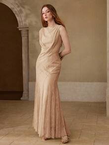 MOTF PREMIUM VESTIDO LARGO DE ENCAJE ELEGANTE PARA MUJER CON DISEÑO ESTRUCTURAL, PRIMAVERA/VERANO - Rosa vieja - Ver 4