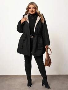 Enliva 大码女式防水长袖抓绒外套，秋冬季，适合苹果型圆臀身材 - 黑色 - 查看 8