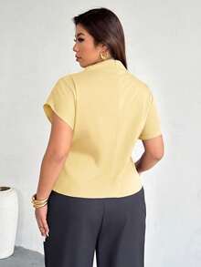 Firerie Plus Size Light Yellow Summer Smart Casual Office Women Shirt,Elegant Ruched Collar Asymmetrical Sleeve Side Ruched Waist Bamboo Fiber Fabric - Yellow - View 3