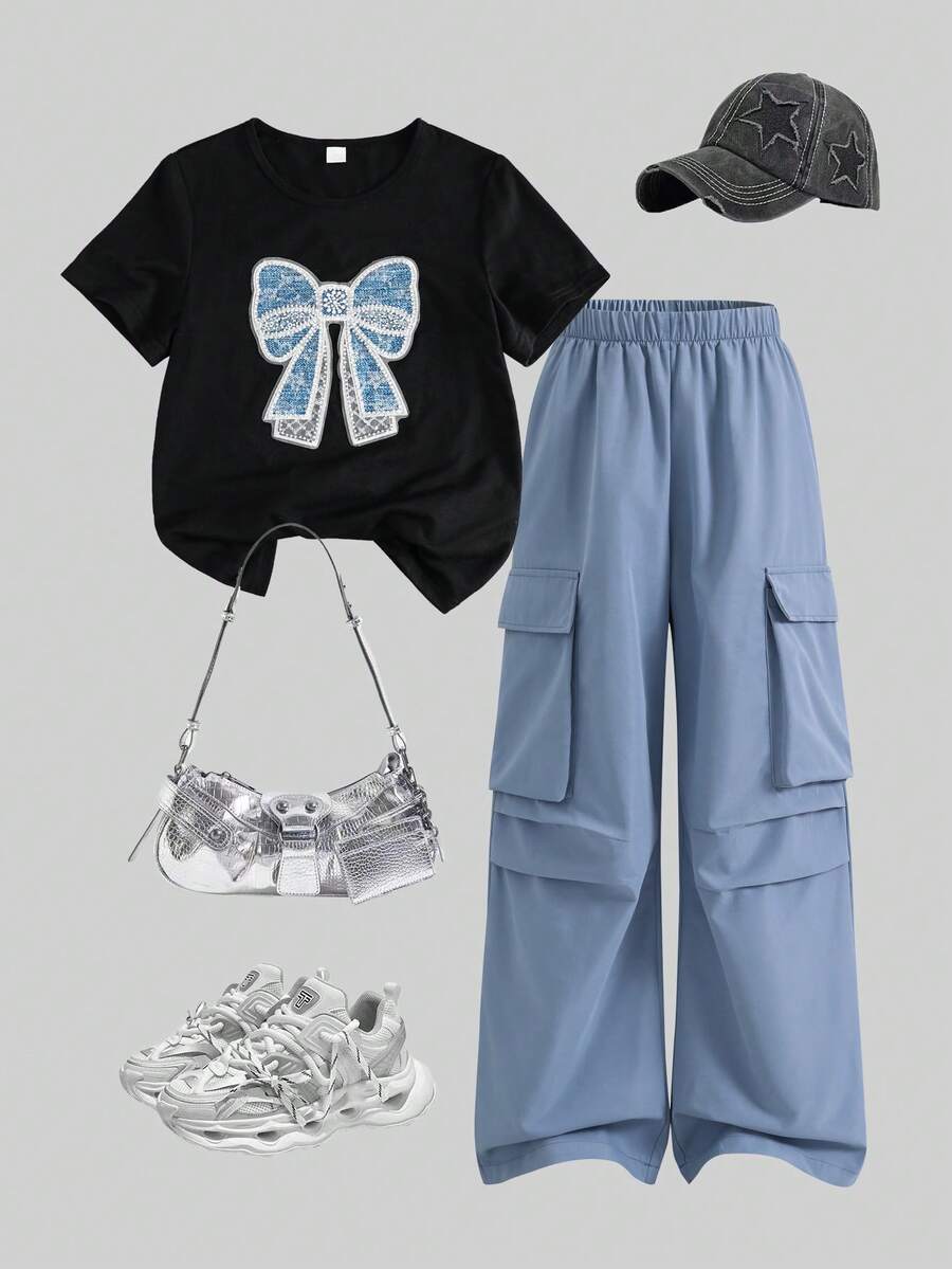 SHEIN Elladie kids 2件套少女休闲T恤和工装裤套装，蝴蝶结刺绣图案圆领短袖T恤和裤子，春夏时尚套装 - 藍色 - 查看 1