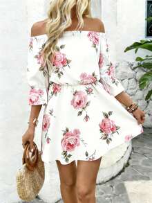 Breezaya Vestido estampado con hombros descubiertos y cinturón para la cintura, conjunto de ropa de playa y vacaciones para mujeres - Rosa - Ver 4