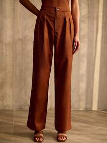 MOTF PREMIUM 高腰直筒休闲简约西装裤 - 棕色 - 查看 3