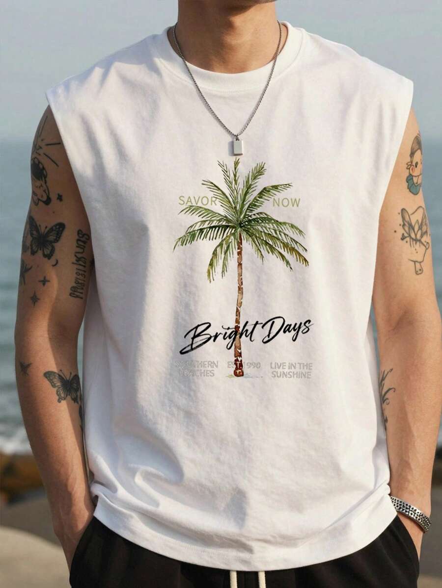 VIVINTIMO 男士加大码度假风椰树字母印花背心,白色,假日 - 白色 - 查看 1