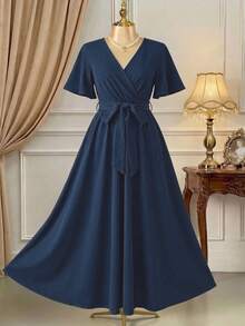 DreamSkyne Exquisite & Elegant  Plus Size Solid Color V-Neck Wrap Around Self-Tie Belt Elegant Dress - Blue - View 4