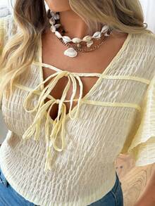 Ceyna Plus Size Women's V-Neck Tie-Up Ruffle Sleeve Casual Blouse,Yellow Boho Summer Vacation Holiday Tops - Light Yellow - View 5