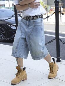 Manfinity EMRG Quần short denim nam màu xanh nhạt thêu họa tiết, kiểu dáng thường ngày. - Rửa nhẹ - Xem 3