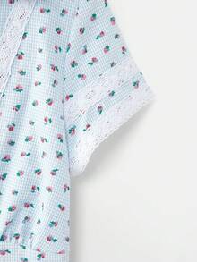lacRébo Blusa ajustada con estampado floral de cuadros con cuello ribeteado de encaje, estilo francés primavera-verano estilo parisino - Azul - Ver 9
