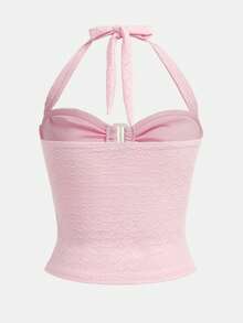 lacRébo Top halter con textura rosa con detalle de hebilla de perla en el frente, lindo para primavera y verano - Rosa Pálido - Ver 7