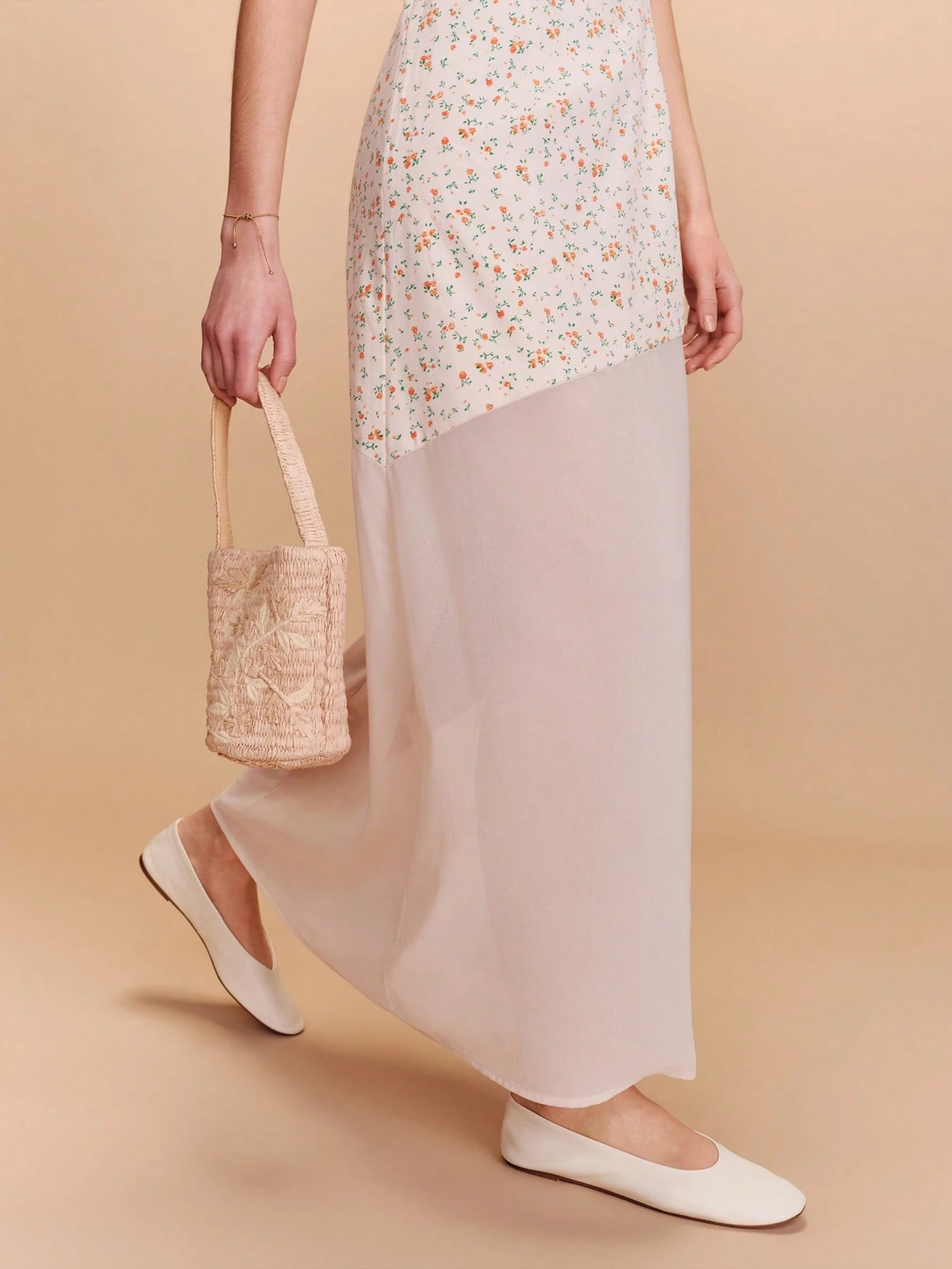 Bi-Fabric Maxi Dress With Printed Bust And Chiffon Asymmetric Hem Spring Summer French Style Parisian Style Evening Dress Summer Cute Dress Vacation Dress