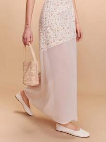 lacRébo Vestido maxi de dos telas con busto estampado y bajo asimétrico de gasa, estilo francés primavera-verano, estilo parisino, vestido de noche de verano, vestido lindo para vacaciones - Albaricoque - Ver 3