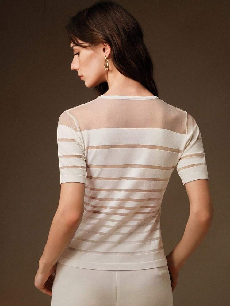 Elegant Solid Color Knitted Blend Irregular Stripe High-Density Organza Casual Round Neck Women Knit Vest, Suitable For Autumn, Winter, Going Out, Leisure, Formal, Party, Fashionable, New Year, Christmas, Work, Graduation, Wedding, Spring To Summer