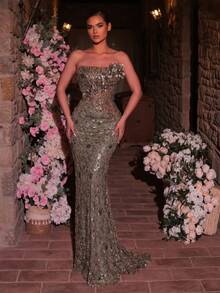 Glamrae Elegant Luxurious Beaded Sequin Embroidered 3D Floral Strapless Mermaid Dress Heavy Embellishment Gown For Weddings Rehearsal Dinner Parties Galas - Light Yellow - View 7