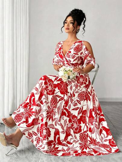 Elenzga Đầm maxi nữ cỡ lớn cổ yếm chéo phía trước, in họa tiết hoa điều, dáng chữ A ôm eo, vạt xòe rộng, vải in họa tiết, thích hợp cho mùa xuân/hè, lễ tốt nghiệp, các ngày lễ, Ngày Valentine, lễ hội âm nhạc, Ngày của Mẹ, Halloween, Lễ Tạ ơn, Lễ Phục sinh, Ngày Quốc khánh, các buổi khiêu vũ, hẹn hò, tiệc tùng, đám cưới, hoạt động ngoài trời.
