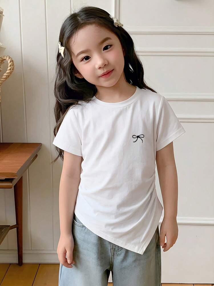 Young Girl Bow Print Round Neck Short Sleeve Casual T-Shirt Summer