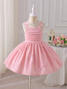 SHEIN Glamorique Kids 年轻女孩优雅迷人的紫红色无袖褶皱设计可爱蝴蝶结腰身修身蓬松连衣裙正式礼服 - 粉色 - 查看 4