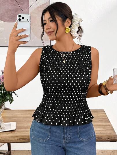 Lounesse Plus Size Colorblock Polka Dot Print Sleeveless Tank Top
