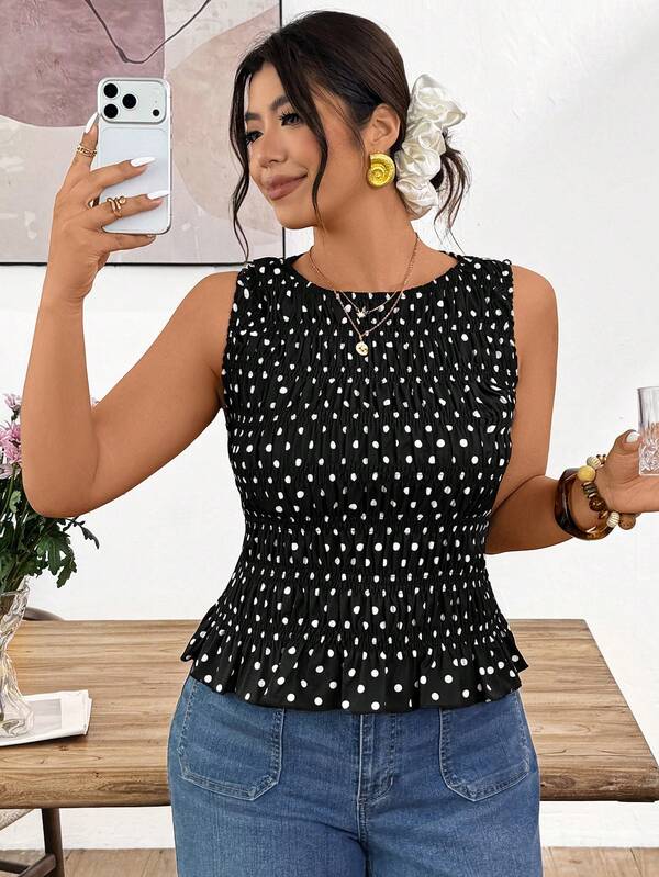 Lounesse Plus Size Colorblock Polka Dot Print Sleeveless Tank Top Women's Tops For Summer Casual Tops For Women Latest Tops For Women New Arrivals Premium Tops For Women Festival Outfits For Women Summer Outfits For Women Country Style For Women