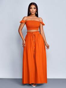 SOLERSUN Women's Petite Size Vacation Elegant Orange Boho Two Piece Outfit, Off Shoulder Ruffle Trim Crop Top & Button Front High Slit Maxi Skirt Matching Set For Summer Vacation Beach, Women Two Pieces Outfits,Casual Daily Wear,Off Shoulder Crop Top & Slit Maxi Skirt For Beach & Summer Looks - Orange - View 4