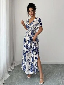 Elenzga 女士优雅沙滩度假通勤下午茶派对连衣裙，同色系领口腰带A字双开衩喇叭袖，春夏款 - 藍白色 - 查看 4