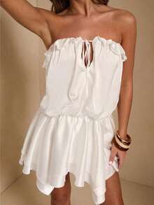SHEIN BAE Women's White Strapless Satin Dress,Summer Ruched Twist Asymmetric Hem Bandeau Dress,Mama Mia Style,Perfect For Party,Vacation,Holiday & Nightclub - White - View 1
