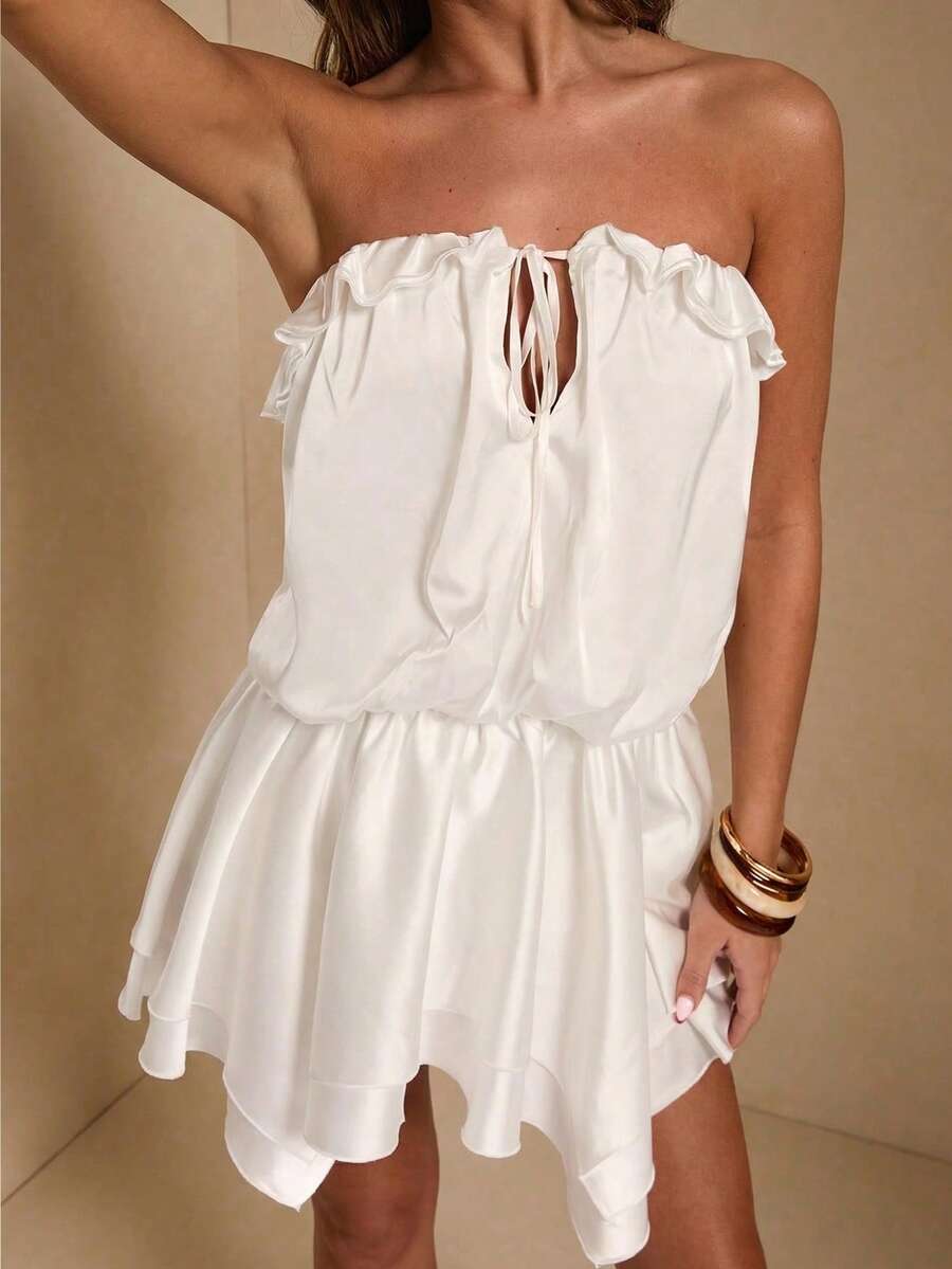 SHEIN BAE Women's White Strapless Satin Dress,Summer Ruched Twist Asymmetric Hem Bandeau Dress,Mama Mia Style,Perfect For Party,Vacation,Holiday & Nightclub - White - View 1