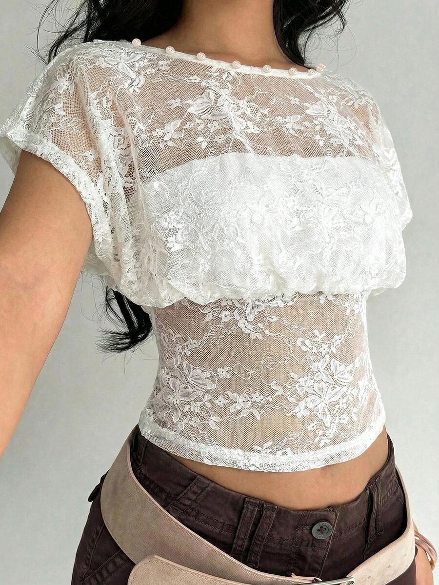 Aloruh Romantic Date Versatile White Sheer Blouse, Loose Top Tight Bottom, Spring/Summer New Arrival - White - View 1