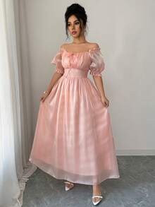 Selianne Women's Dusty Pink Summer Elegant Wedding Ninang Dress,Square Neck Tie Front Ruffle Hem Puff Sleeve Waist Fit Flare Elegant Fashion Retro High-End - Coral Pink - View 1