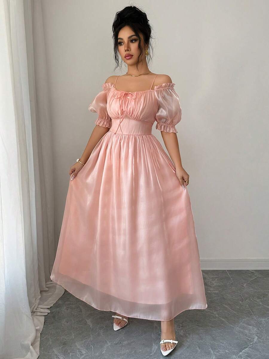 Selianne Women's Dusty Pink Summer Elegant Wedding Ninang Dress,Square Neck Tie Front Ruffle Hem Puff Sleeve Waist Fit Flare Elegant Fashion Retro High-End - Coral Pink - View 1
