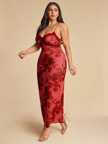 SHEIN BAE 大码女式红色蕾丝印花针织连衣裙，度假款 - 彩色 - 查看 6