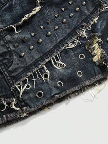 ROMWE J-Fashion 女士 Y2K 复古亚文化做旧铆钉珍珠装饰破洞紧身牛仔迷你裙 - 藍色 - 查看 4