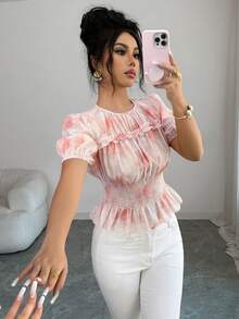 Elenzga Áo sơ mi nữ thanh lịch, thời trang, thoải mái, quyến rũ, cổ điển, tối giản, cao cấp, lãng mạn, thích hợp cho kỳ nghỉ, quý cô dịu dàng, tay ngắn, cổ tròn, xếp ly ngực, viền bèo nhún, eo thon, dáng chữ A, vạt phồng, in họa tiết nhuộm tie-dye (Họa tiết ngẫu nhiên) - Hồng - Xem 1