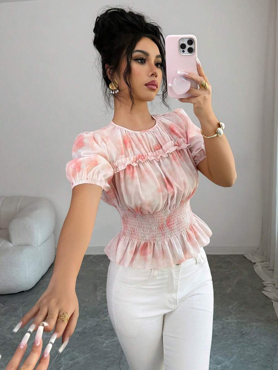 Elenzga Áo sơ mi nữ thanh lịch, thời trang, thoải mái, quyến rũ, cổ điển, tối giản, cao cấp, lãng mạn, thích hợp cho kỳ nghỉ, quý cô dịu dàng, tay ngắn, cổ tròn, xếp ly ngực, viền bèo nhún, eo thon, dáng chữ A, vạt phồng, in họa tiết nhuộm tie-dye (Họa tiết ngẫu nhiên) - Hồng - Xem 1