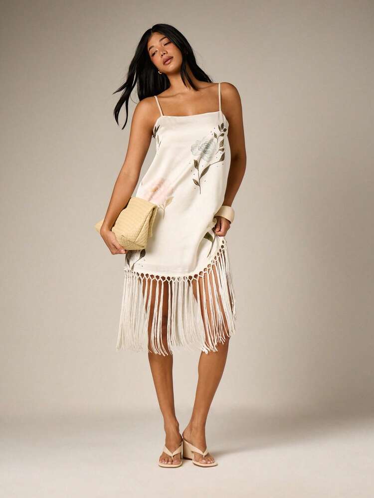 AiiRZ Women's Embroidered Floral Print Satin Mini Dress With Tassel Fringe Hem Spaghetti Strap Summer Party Evening Sleeveless A-Line