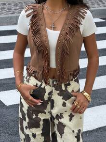 SHEIN EZwear Women's Rivet Decor Tassel Trim Casual Tank Top - Brown - View 5