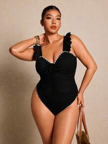 Elaquor Plus Size Color Block Trim One-Piece Swimsuit, Vacation & Beach Summer - Black - View 2