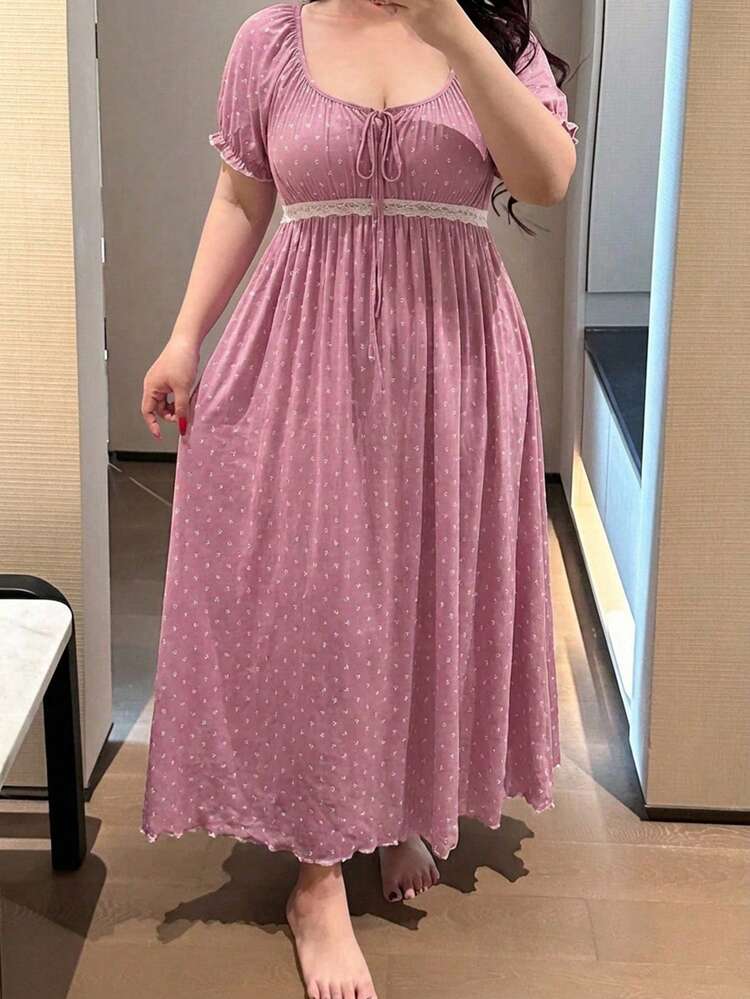 Dazy Plus Elegant Ditsy Floral Scoop Neck Tie-Up Contrast Lace Cinched Waist Long Nightgown With Short Sleeves