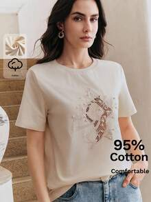 Anewsta Summer Vacation Casual Outfit, 95% Cotton Comfortable Round Neck Short Sleeve T-Shirt With Ocean Elements, Hollow-Out Embroidery And Beaded Decor, Suitable For Beach Holiday - Apricot - View 1